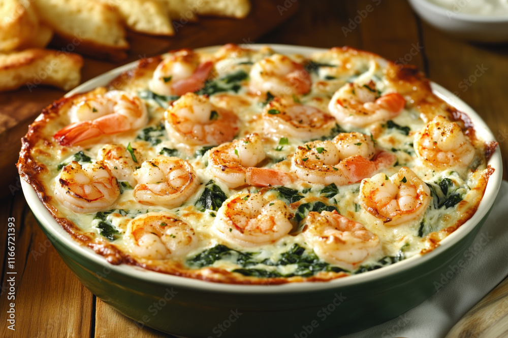Golden shrimp casserole with melted cheese and herbs Golden shrimp casserole with melted cheese and herbs