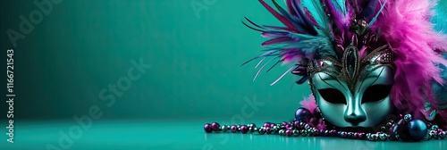 mardi gras, mask, feathers, beads, solid green background, blank center, photo