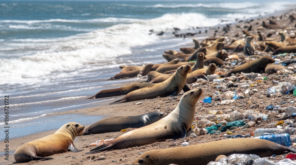 Resting Sea Lions Yangntp Beach Wildlife Ocean View Impact of Plastic Pollution and Global Warming Resting Sea Lions Yangntp Beach Wildlife Ocean View Impact of Plastic Pollution and Global Warming