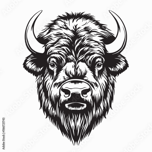 Bison Head Vector Art. Black and white Bison Head Vector image isolated on white Background.
