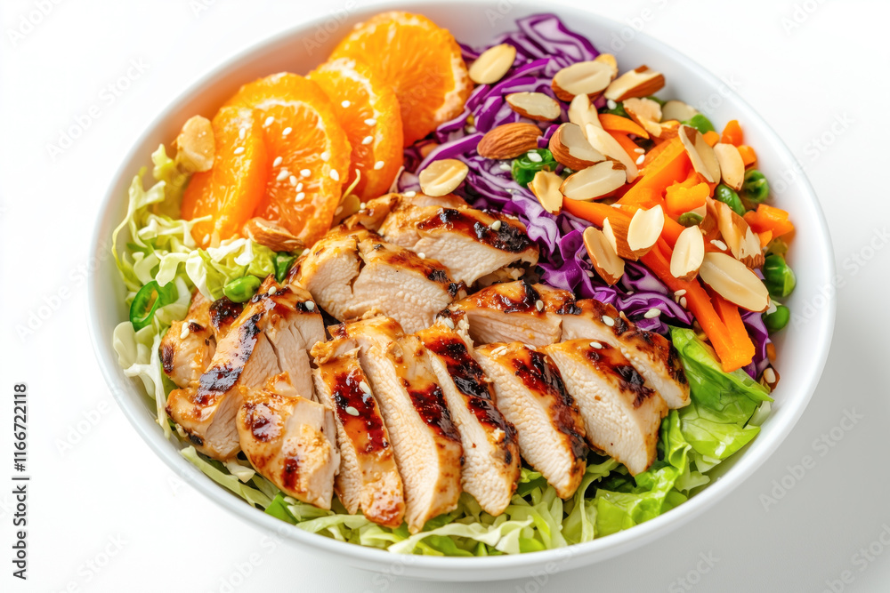 Asian chicken salad with ginger-soy dressing in white bowl Asian chicken salad with ginger-soy dressing in white bowl