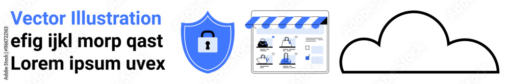 Shield with a lock symbol, graph screen with analytics, and cloud outline. Ideal for cybersecurity, data protection, cloud storage, digital privacy, online safety, internet security and IT Shield with a lock symbol, graph screen with analytics, and cloud outline. Ideal for cybersecurity, data protection, cloud storage, digital privacy, online safety, internet security and IT
