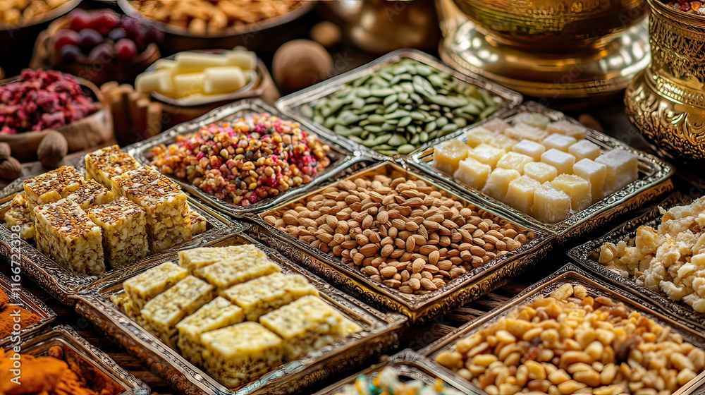 Ornamental Trays Filled with Sweets, Nuts, and Seeds - AI Generative Ornamental Trays Filled with Sweets, Nuts, and Seeds - AI Generative