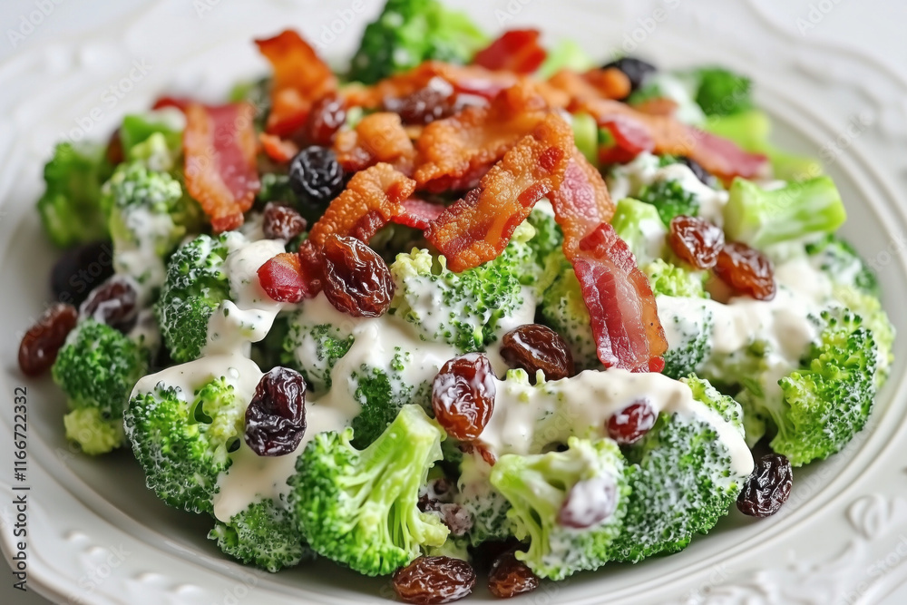 Creamy broccoli salad with bacon and raisins Creamy broccoli salad with bacon and raisins