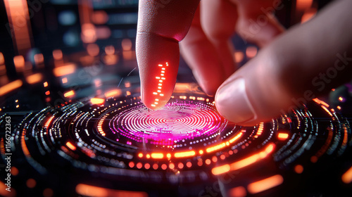 digital fingerprint being scanned by AI for security, showcasing advanced technology and vibrant colors. interaction highlights fusion of human touch and digital innovation