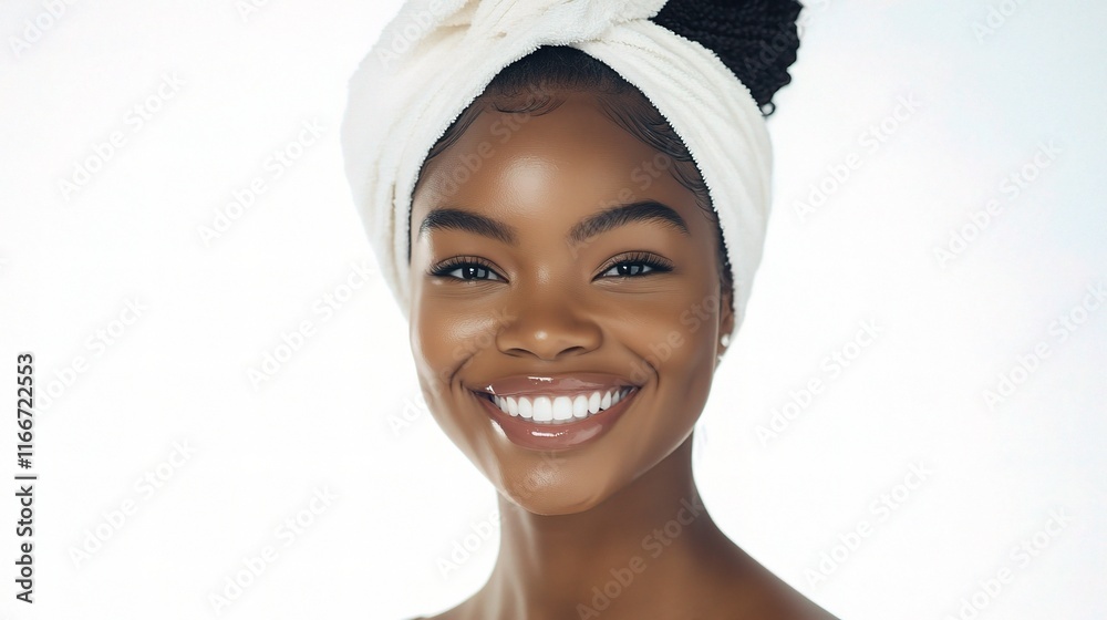 Happy Woman with Wrapped Hair Smiling Brightly Against White Background Happy Woman with Wrapped Hair Smiling Brightly Against White Background