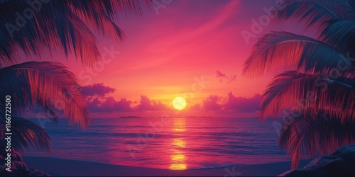 Sunset over ocean with palm trees