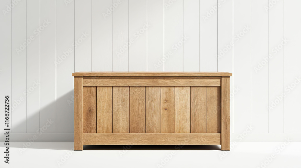 A wooden chest sits in a room with white walls