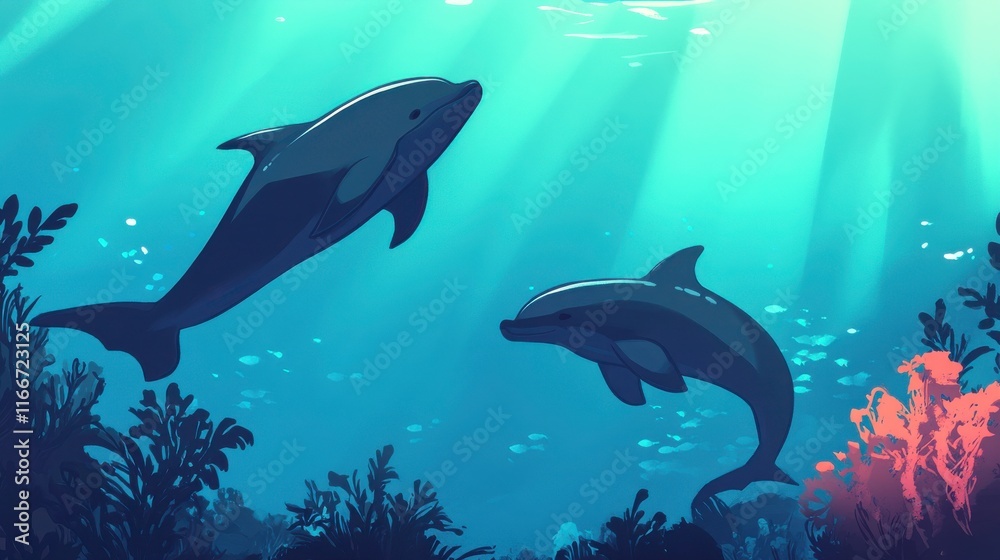 Obraz premium Vibrant Dolphins Swimming in Clear Ocean Waters