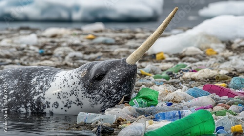 Narwhal Breaking Through Plastic-Filled Waters Ocean Nature Documentary Polluted Environment Eyewitness Perspective Plastic Pollution Crisis photo