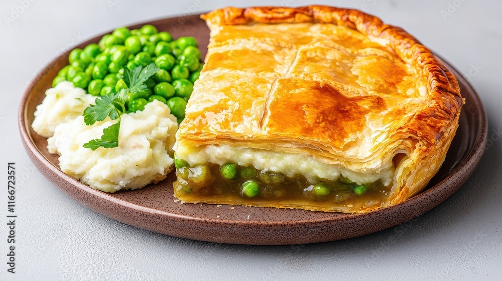 Savory Irish Stout Pie with Flaky Pastry Crust and Green Peas on a Plate Savory Irish Stout Pie with Flaky Pastry Crust and Green Peas on a Plate