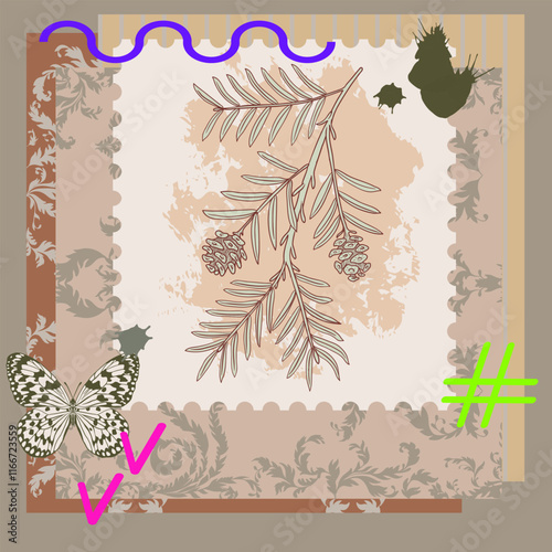 vector collage with coastal redwood tree branch, butterfly and neon color elements, creative composition with sketch of nature