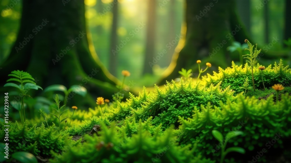 Lush Forest Floor Illuminated by Sunlight Vibrant Green Moss, Delicate Wildflowers, and Sunlight Filtering Through Ancient Trees Lush Forest Floor Illuminated by Sunlight Vibrant Green Moss, Delicate Wildflowers, and Sunlight Filtering Through Ancient Trees