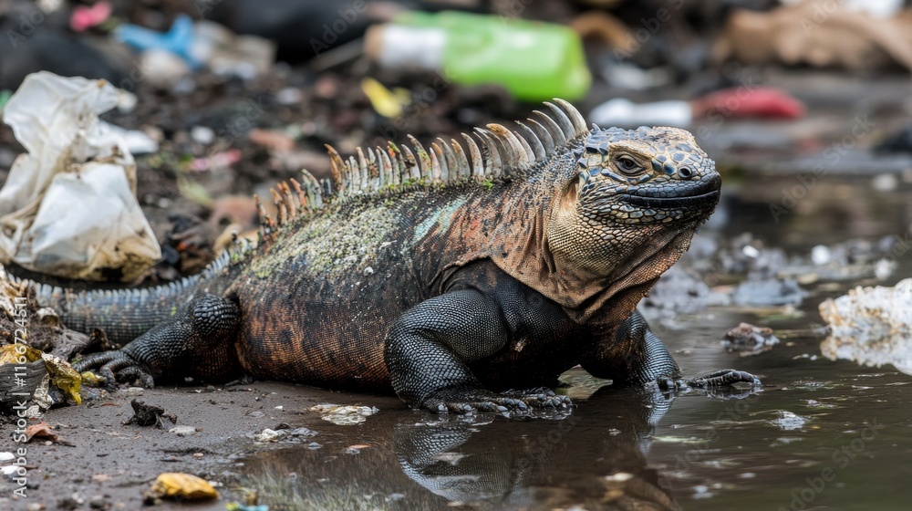 Obraz premium Galapagos Iguana Faces Ocean Trash A Wildlife Perspective on Plastic Pollution