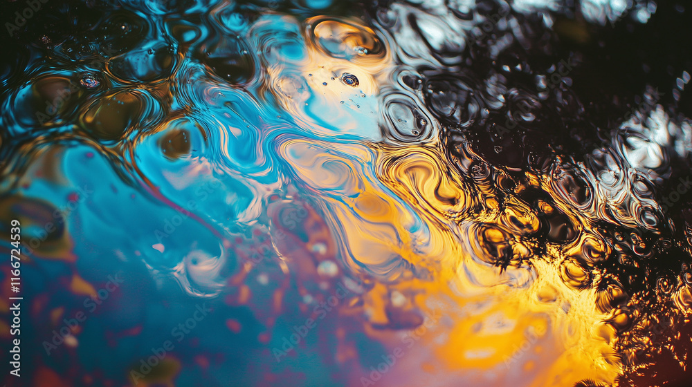 Fototapeta premium Bańki mydlane w żywych barwach, ukazujące odbicia jasnego nieba i zielonych koron drzew.