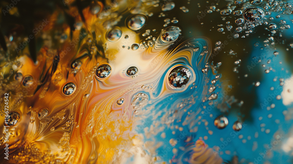 Naklejka premium Bańki mydlane w żywych barwach, ukazujące odbicia jasnego nieba i zielonych koron drzew.