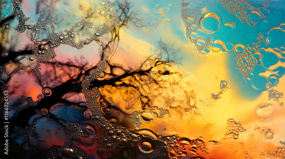 Fototapeta premium Bańki mydlane w żywych barwach, ukazujące odbicia jasnego nieba i zielonych koron drzew.