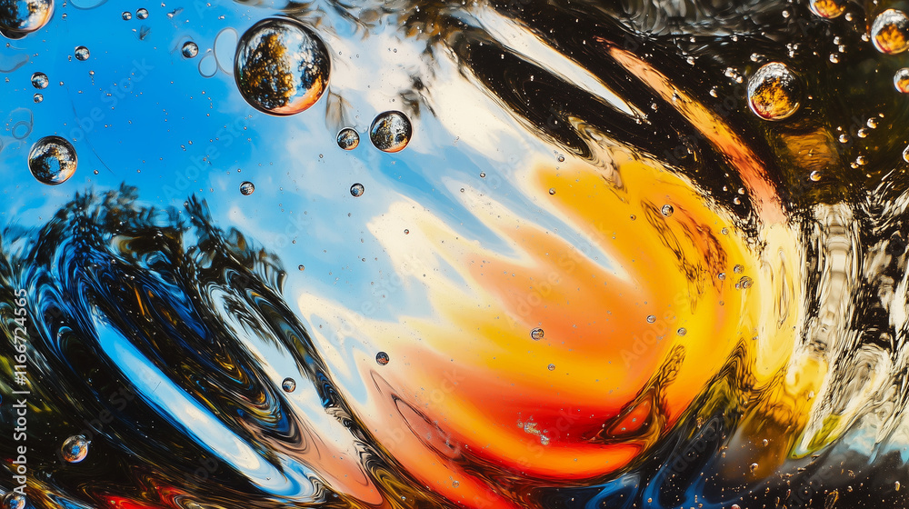 Fototapeta premium Bańki mydlane w żywych barwach, ukazujące odbicia jasnego nieba i zielonych koron drzew.