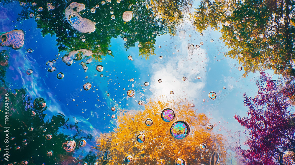 Fototapeta premium Bańki mydlane w żywych barwach, ukazujące odbicia jasnego nieba i zielonych koron drzew.