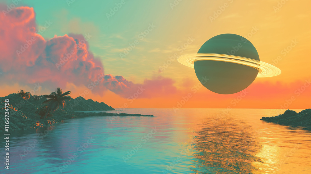 Naklejka premium Pierścieniowa planeta wznosi się nad tajemniczym oceanem, którego odbicie ukazuje surrealistyczne barwy w kosmicznym krajobrazie. 