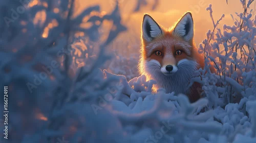 Fototapeta Rudy lis z ciekawością spogląda zza pokrytego śniegiem krzewu, jego ciepłe futro wyróżnia się na tle lodowatej scenerii.