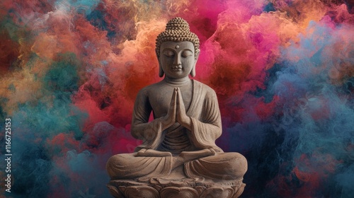 Wallpaper Mural Stone statue of buddha meditating against color explosion background Torontodigital.ca