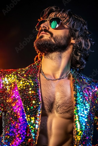 Modern disco dancer - flashy and sparkling colorful EDM rave-style with a dapper twist for 2025 festival fashion photo