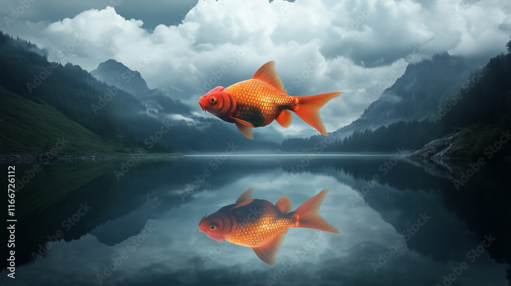 Fototapeta premium Gigantyczna złota ryba płynie przez zachmurzone niebo, tworząc surrealistyczny widok nad spokojnym górskim jeziorem.