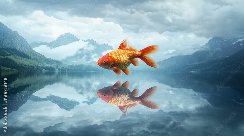 Fototapeta premium Gigantyczna złota ryba płynie przez zachmurzone niebo, tworząc surrealistyczny widok nad spokojnym górskim jeziorem.