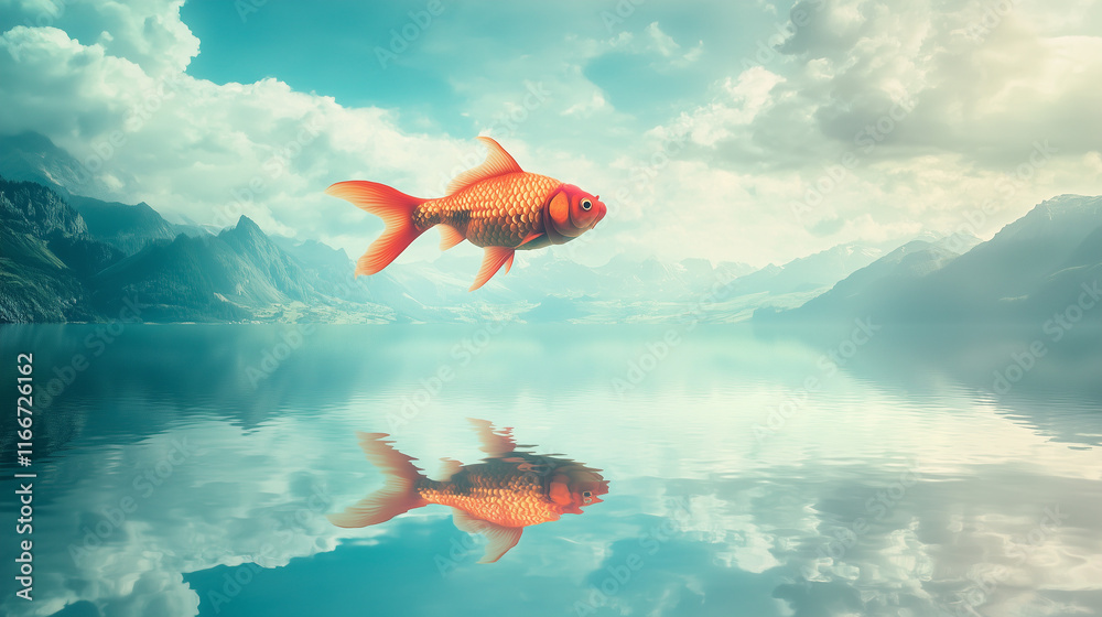 Fototapeta premium Gigantyczna złota ryba płynie przez zachmurzone niebo, tworząc surrealistyczny widok nad spokojnym górskim jeziorem.
