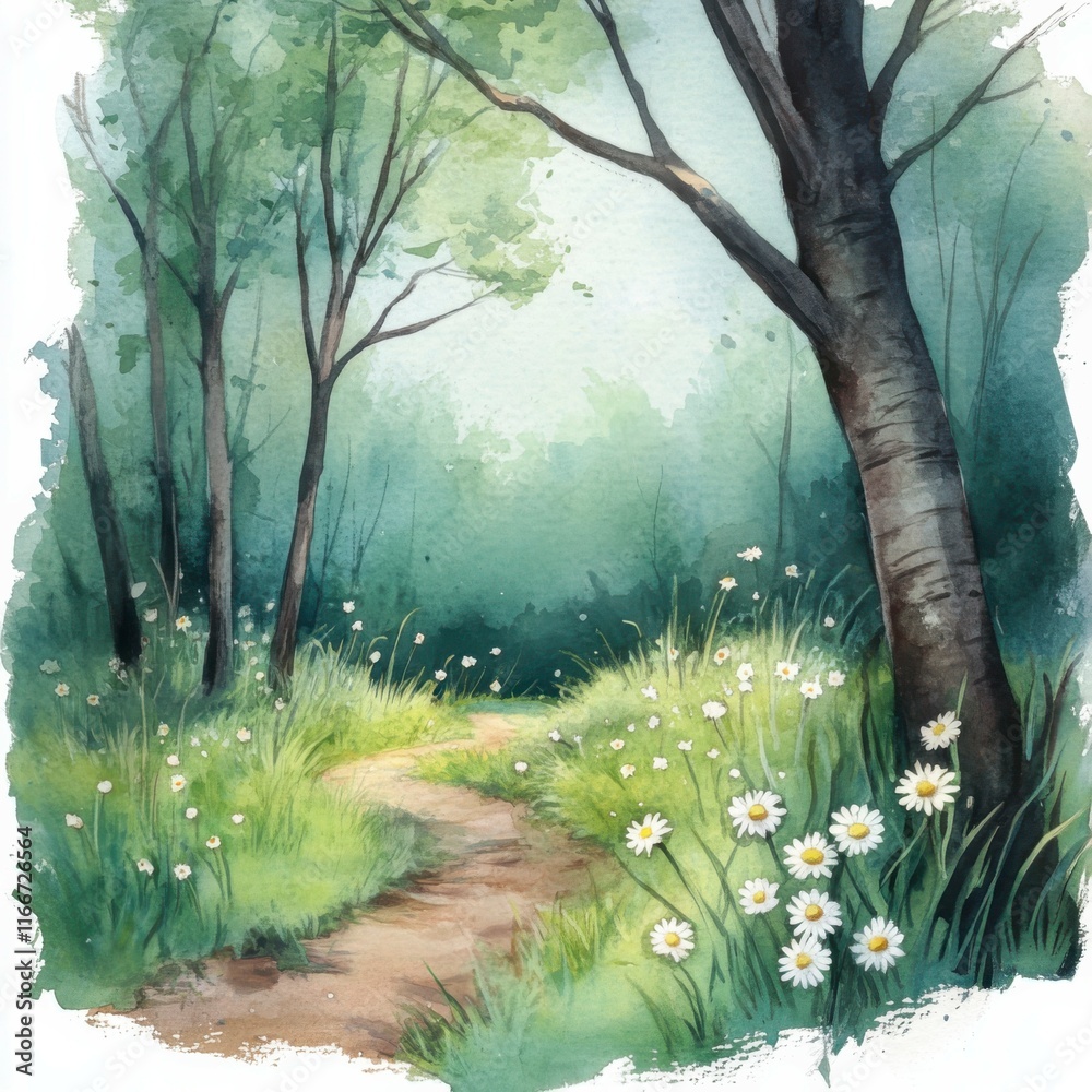 Fototapeta premium watercolor illustration, spring grass and trees