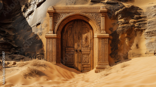 Fototapeta Drewniane drzwi o skomplikowanych rzeźbieniach, zanurzone w piaskach, wskazują na dawno porzuconą świątynię pustynną. 