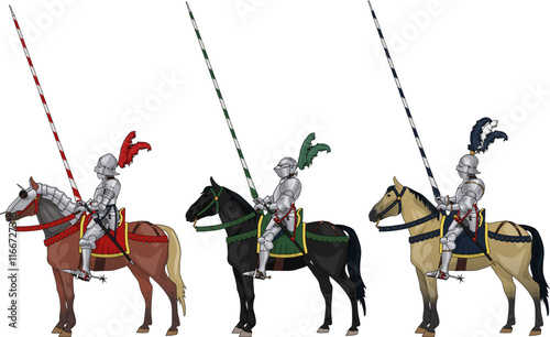 Set of Three Late Medieval Knights on Horseback in Full Plate Armour and with Lances, Illustration Isolated on Transparent Background, Historical, EPS 10 Vector