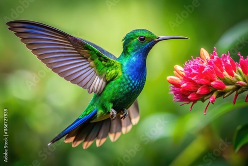 A crowned woodnymph, Thalurania colombica, dazzles with glossy green-blue feathers amidst vibrant pink Costa Rican flora. photo