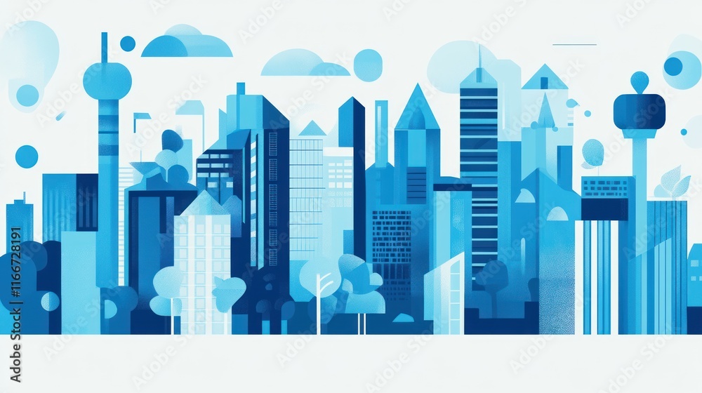 Obraz premium A stylized blue city skyline with geometric buildings and soft clouds.