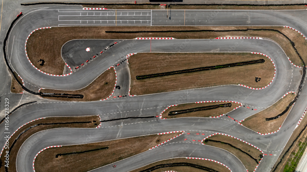 Aerial view race go-kart track, Track for auto racing top view, Car race asphalt and curve street circuit, Go-kart winding race track.