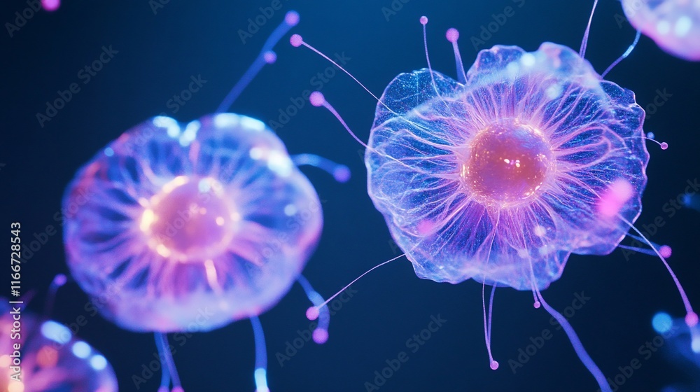 Fototapeta premium Ethereal Bioluminescent Organisms: Microscopic Underwater Wonders