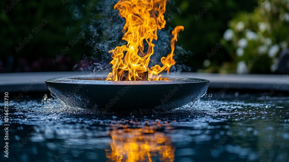 Serene Fire Bowl Water Feature at Night Serene Fire Bowl Water Feature at Night