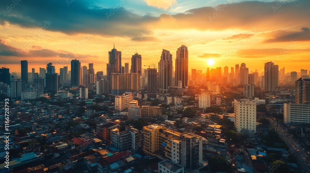 Fototapeta premium Golden Hour Skyline: A Breathtaking Sunset Over the City