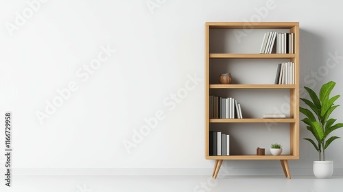 A tall wooden bookcase with a potted plant on the right side