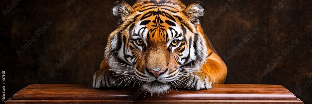 Obraz premium photo of tiger head mounted on wood plaque, solid background 