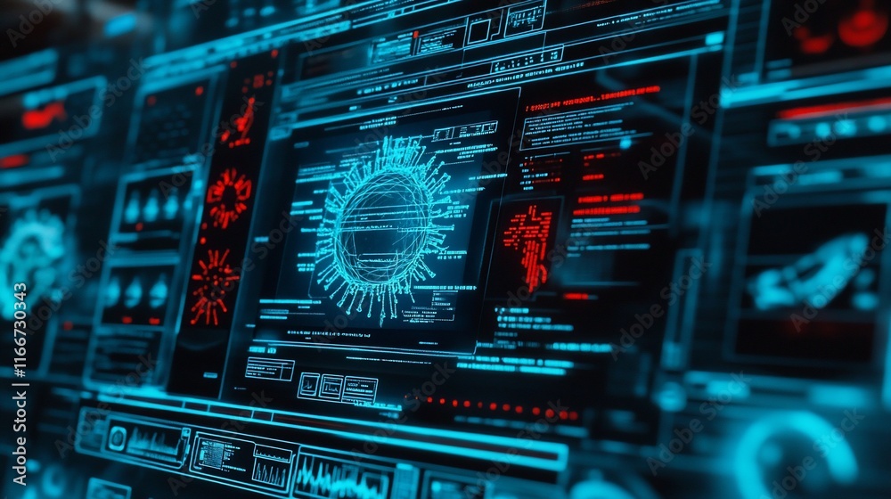 Obraz premium Futuristic Digital Interface: Virus Research and Data Analysis