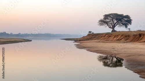 Serene River Landscape at Dawn with Reflection and Tranquil Tree