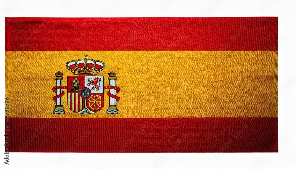 The Spanish flag with red and yellow horizontal stripes and a royal coat of arms, on a white background. The Spanish flag with red and yellow horizontal stripes and a royal coat of arms, on a white background.