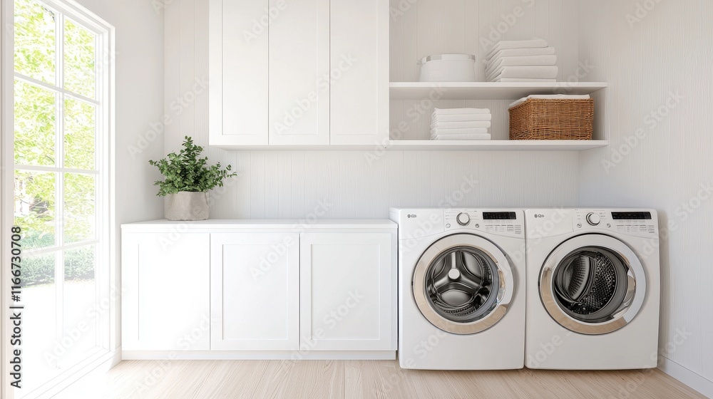 A modern laundry room featuring white cabinetry, two washing machines, and natural sunlight streaming through a large window. A modern laundry room featuring white cabinetry, two washing machines, and natural sunlight streaming through a large window.