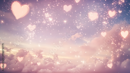 Dreamy sky full of stars and pink heart-shaped clouds with flying hearts for a cinematic Valentine's Day fantasy scene
