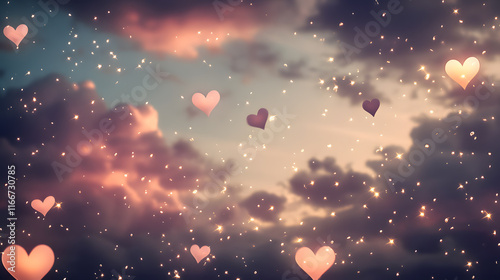 Beautiful sky background with flying hearts, pink and brown colors, stars, and magical whimsical cinematic fantasy atmosphere
