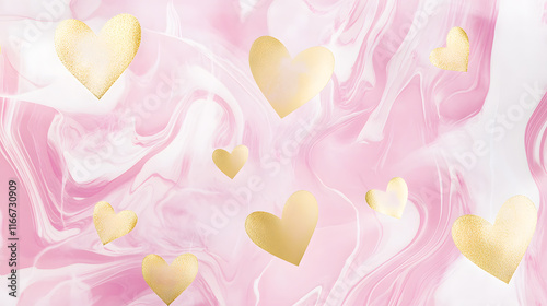 Abstract pink and gold marble background with hearts for romantic Valentine's Day decoration in high definition
