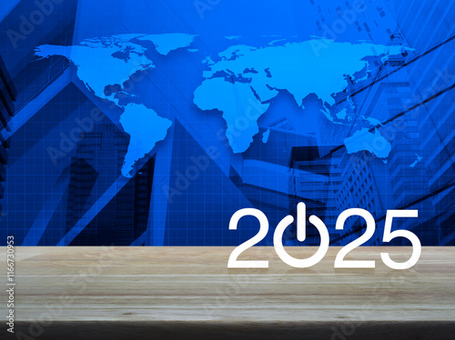 Fototapeta Naklejka Na Ścianę i Meble -  2025 start up business flat icon on wooden table over world map, modern city tower and skyscraper, Happy new year 2025 success concept, Elements of this image furnished by NASA