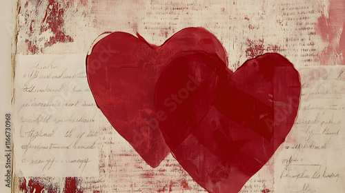 Mixed media collage with two red hearts on vintage script paper, distressed texture, handwritten text, and soft lighting for antique feel
